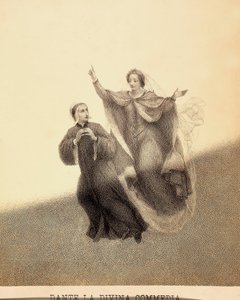 Beatrice, señalando hacia arriba con el índice, conduce a Dante a través del firmamento de Paradiso. Sus cuerpos están iluminados por un rayo de luz. Ilustración del Canto I del Paradiso de La Divina Comedia de Dante Alighieri. Obra de Franceso Scaramuzza 