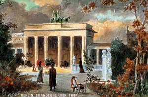 Berlín - Brandenburger Thor. Vista de la Puerta de Brandeburgo, con flores y transeúntes, finales del siglo XIX/XX (impresión) de Unbekannter Künstler