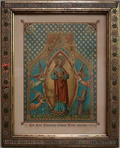Bevere. Iglesia parroquial (Sint-Pietersbanden). Interior. Impresión devocional coloreada. Escuela de S Lucas Gante, Propiedad 1875, W Z Dreyt Brujas. Neogótico. de Unbekannt