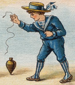 Niño jugando con el trompo. Grabado en "Alphabet de ma petite fille". Bernardin-Bechet y Fils, libreros-editores, París, alrededor de 1895. Álbum irrompible en lienzo. Biblioteca de los Bebés. 12 páginas. Álbum que contiene un método de lectura y un abeced