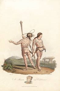 Antigüedad británica (periodo prerromano, antes del siglo I): Catini y Caledonian habitantes (Escocia) de las llanuras del norte y los bosques de Gran Bretaña, con tatuajes cubiertos - Forte agua por Robert Havell (1793-1878) de una ilustración de Charles  de Unbekannter Künstler