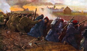 Tropas británicas luchan con las francesas para detener la primera embestida alemana, otoño de 1914 de Unbekannter Künstler