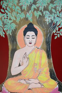 Buda dando una bendición. Thangka, Katmandú, Nepal