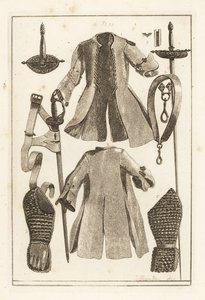 Chaqueta de cuero, cinturón de cuero, empuñadura de espada de plata dorada, pieza de brazo y guante de cuero, espada de Toledo, hoja y vaina, y empuñadura de Unbekannt