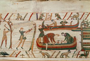 Construcción de barcos bajo las órdenes del Duque Guillermo, Tapiz de Bayeux (bordado en lana sobre lino) de Unbekannt