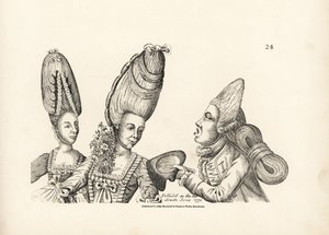 Caricatura de las modas de finales del siglo XVIII: mujer con peluca alta y jardín de flores en el pecho, y macarrón con peluca alta y extravagante masa de pelo atada a la espalda. Grabado al cobre según una ilustración satírica de Timothy Bobbin (John de Unbekannter Künstler