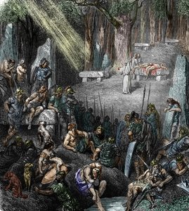Antigüedad celta: “”Sacrificio humano durante una ceremonia presidida por un druida en presencia de familias y guerreros en un bosque” (Religión gala, sacrificio humano durante una ceremonia presidida por un druida en presencia de familias y guerreros en u