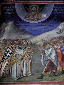 Cristo en gloria controlando las fuerzas temporales y espirituales. Fresco bizantino del monasterio Agios Ioannis Lampadistis, San Juan Lampadistis siglo XI Chipre Iglesias pintadas sitio UNESCO Troodos, Chipre