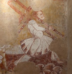 Iglesia (Église Saint-Martin). Interior. Pinturas murales (fresco). Pared norte del coro. (detalle). Simón de Cirene cargando la cruz. Siglo XII.