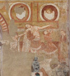 Iglesia (Église Saint-Martin). Interior. Pinturas murales (fresco). Pared oeste de la nave. Detalle. Descendimiento de la cruz. Siglo XII.