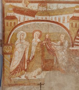 Iglesia (Église Saint-Martin). Interior. Pinturas murales (fresco). Pared oeste de la nave. (detalle). Presentación en el templo. Siglo XII.