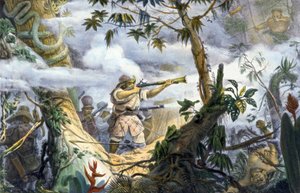 Indios "civilizados" luchando contra indios botocudos, Brasil