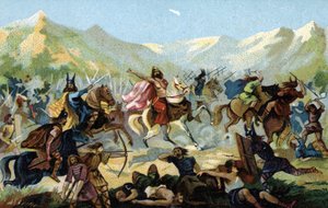 Clodoveo I (466-511), rey de los francos, durante la batalla de Tolbiac en 496 contra la tribu germánica de los alamanes, juró convertirse en caso de victoria. Finales del siglo XIX (cromolitografía)