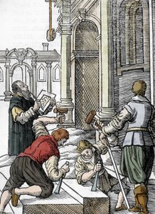 Construcción de una catedral, canteros en el siglo XIII-XIV (grabado) de Unbekannter Künstler