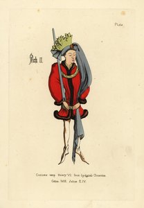 Traje del Rey Ricardo II, con túnica corta y completa bordeada de piel, cinturón en las caderas con un ceñidor, zapatos puntiagudos, tocado redondo con cola larga y corona de tela cortada en forma de hojas