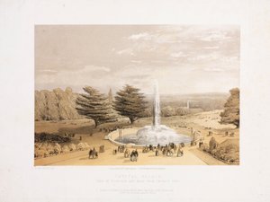 Palacio de Cristal, post-Gran Exposición La fuente y el parque desde los escalones de la terraza del Palacio de Cristal, c 1855 de Unbekannt