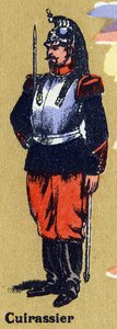 Coracero en uniforme de soldado. Alfabeto ilustrado. Imageries reunidas en Jarville-Nancy, principios del siglo XX. Dim: 40 x 29 cm. Litografía sobre fondo bistre de Unbekannt