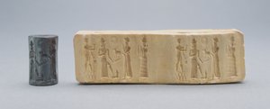 Sello cilíndrico, mostrado con impresión de yeso, Babilonia antigua, c. siglo XIX-XVIII a.C. de Unbekannt