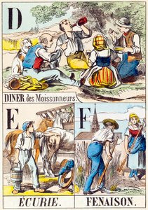 D E F: Cena de los segadores, Establo, Heno - "Alfabeto de la granja" finales del siglo XIX (grabado)