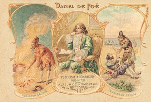 Daniel Defoe en su escritorio y su famosa obra (grabado)