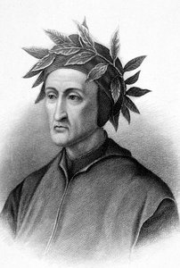 Dante Alighieri (1265-1321) escritor italiano (Divina Comedia), aquí coronado de laureles, grabado