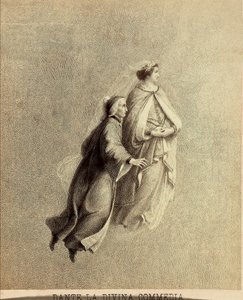Dante y Beatrice volando por el firmamento del Paraíso. Ilustración del Canto I del Paradiso de La Divina Comedia de Dante Alighieri. Obra de Franceso Scaramuzza dedicada al Ayuntamiento de Florencia.