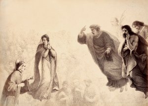 Dante y Beatrice frente a los espíritus brillantes de los apóstoles Pedro, Santiago y Juan. Pedro tiene el brazo levantado en señal de ira. Ilustración del Canto XXVII en Paradiso de La Divina Comedia de Dante Alighieri. Obra de Francesco Scaramuzza dedica