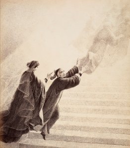 Dante, impulsado por una simple señal de Beatrice, asciende por la escalera de oro tras los espíritus bienaventurados. Ilustración del Canto XVII del Paradiso de La Divina Comedia de Dante Alighieri. Obra de Francesco Scaramuzza dedicada al Ayuntamiento de