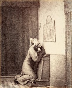 Dante arrodillado en oración, con la mirada dirigida a un tríptico. de Unbekannter Künstler