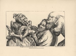 Dentista riendo mientras utiliza unas tenazas para sacar un diente en mal estado de la boca de una anciana. Grabado al cobre según una ilustración satírica de Timothy Bobbin (John Collier) (1708-1786) de Human Passions Delineated, John Haywood, Manchester. de Unbekannter Künstler