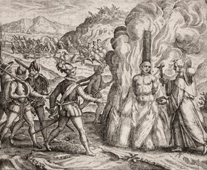 Descripción de los crímenes infligidos a los indios por los colonos españoles - Conquistadores quemando en la hoguera a un indio que se negó a convertirse a la fe católica. Religioso de la Orden Franciscana (grabado) de Unbekannt