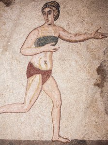 Detalle de la Cámara de las Diez Doncellas o el mosaico de las “chicas en bikini”. Siglo III - IV. Villa Romana del Casale, Sicilia. Sitio UNESCO