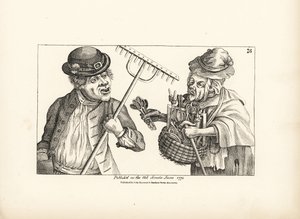El granjero borracho Jones compra todo el stock de herramientas de madera a la vieja Nan de ojos bizcos. Grabado en cobre según una ilustración satírica de Timothy Bobbin (John Collier) (1708-1786) de Human Passions Delineated, John Haywood, Manchester.