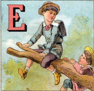 Letras E: niño en equilibrio sobre una rama de árbol. Grabado en "Alfabeto de los pequeños escolares". Imágenes de Epinal, circa 1885. Colección Privada
