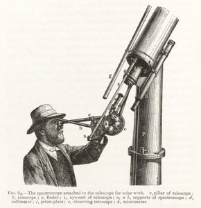 Grabado de un espectroscopio adjunto a un telescopio para trabajo solar de Unbekannt
