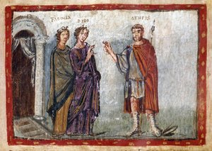 Episodio de la Eneida de Virgilio (70-19 a.C.): representación de Eneas y Dido. Dido intenta retener a Eneas. Dido, presa de la desesperación, se suicida. Miniatura extraída del "Codex Vaticanus Latinus 3225 o Vergilius Vaticanus" folio 36. Siglo V. Biblio de Unbekannter Künstler