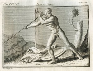 Estudios sobre la figura humana lanzando un objeto lejos de sí con gran ímpetu. “Entonces el lado interior del pie estará en la misma línea que el pecho, pero el hombro contrario estará sobre el pie”. Grabado de Trattato della pittura de Leonardo da Vinci  de Unbekannt