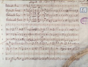 Primera página de la partitura para cuatro violonchelos de la Sinfonía n. 7 en La mayor, op. 92, de Ludwig van Beethoven de Unbekannter Künstler