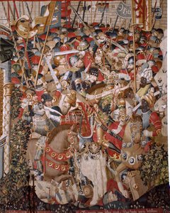 Tapiz flamenco. Serie La Guerra de Troya. Muerte de Aquiles. Octavo tapiz de la serie. Modelo Maestro Coëtivy (Henry o Conrard de Vulcop). Manufactura talleres de Tournai. Ca 1470. Tela Lana y seda, 6/7 urdimbres por cm. Tamaño 482 x 942 cm de Unbekannt