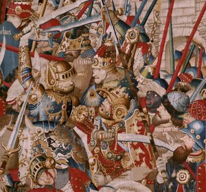 Tapiz flamenco. Serie La Guerra de Troya. La Tienda de Aquiles. Sexto tapiz de la serie. Modelo Maestro Coëtivy (Henry o Conrard de Vulcop). Manufactura talleres de Tournai. Ca 1470. Tela de lana y seda, 6/7 urdimbres por cm. Tamaño 467 x 690 de Unbekannt