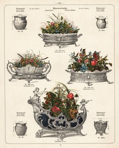 Floreros, platos para flores, jarrones y jardineras. Litografía de un catálogo de productos metálicos fabricados por Wuerttemberg Metalware Factory, Geislingen, Alemania. de Unbekannter Künstler