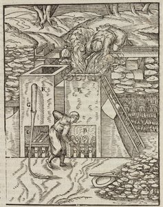 Horno para calentar el mineral de oro - Grabado extraído de Descripción de los minerales y los principales métodos de explotación minera, de Lazarus Ecker de Unbekannt