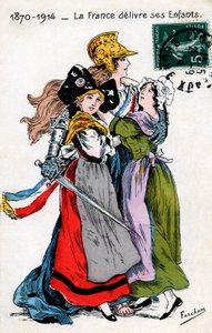 Francia entregando a sus hijos (Alsacia y Mosela, Lorena), postal de Fercham de Unbekannt