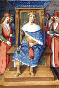 El rey francés Luis IX (san Luis, 214-1270, rey de 1226 a 1270) en su trono, iluminación francesa de Unbekannter Künstler