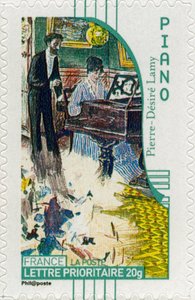 Sello postal francés mostrando a una pianista, de una pintura del artista francés Pierre-Désiré Lamy de Unbekannt