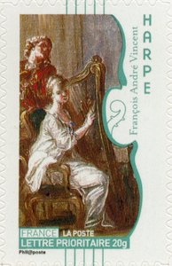 Sello postal francés que muestra a una mujer tocando el arpa, de una pintura del artista francés François-André Vincent de Unbekannt