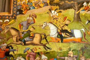 Fresco; Shah Ismail en un caballo blanco en la batalla de Taher Abad; 1510; contra los uzbekos en Merv; Chehel Sotoun; Palacio de las Cuarenta Columnas; Isfahan; Irán; Asia de Unbekannt