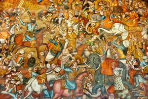 Fresco; batalla; batalla de Nadir Shah en la Batalla de Karnal; 1739; en un caballo; contra el Sultán Mohammed Shah Gurkani en un elefante blanco; Chehel Sotoun; Palacio de las Cuarenta Columnas; Isfahan; Irán; Asia de Unbekannt