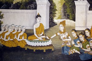 Fresco que representa una escena de la vida del Buda en Wat Phra Doi Suthep, Chiang Mai. Buda recibiendo limosnas. Tailandia de Unbekannt