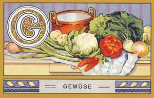 G: Gemuse - Alfabeto Palmin. Serie de cromolitografías editadas por H. Schlinck & Cie, Hamburgo. Publicidad para Palmin feinstes Cocosfett. Dimensiones: 7 x 11 cm